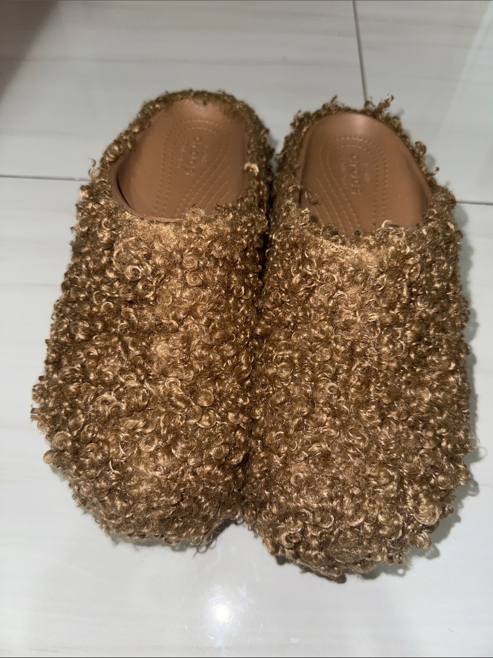 CROCS Faux-Curly Slide Clogs in Tan/Brown